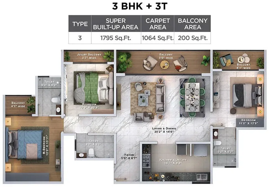 3 BHK+3T floor plan reference at Sattva Lumina
