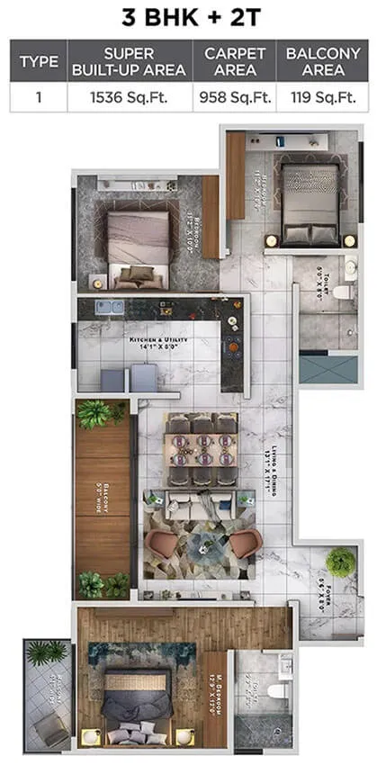 3 BHK+2T floor plan reference at Sattva Lumina